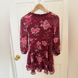 Floral Burgundy Dress with Sheer Sleeves